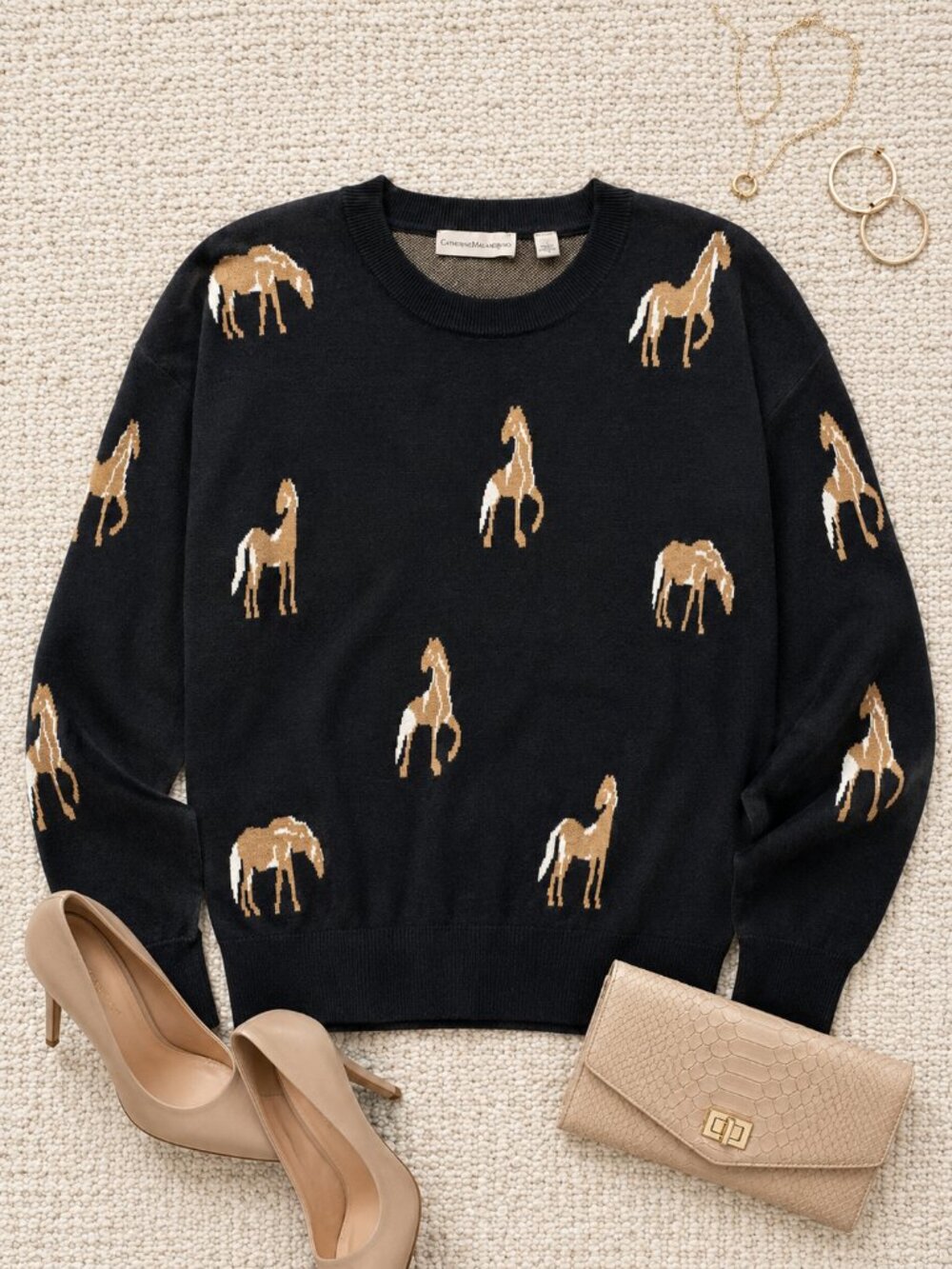 Catherine Malandrino Black Horse Intarsia Pullover Sweater Size M